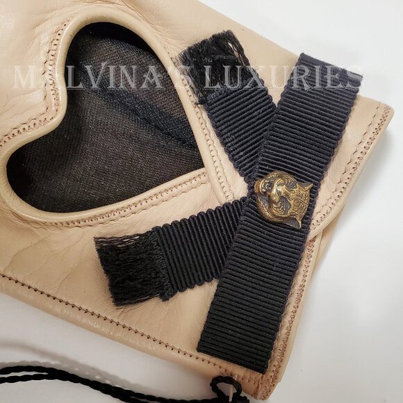 GUCCI GLOVES 477970 BEIGE LEATHER HEART CUT-OUT CAT FELINE HEAD - Picture 8 of 12
